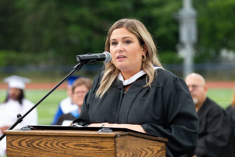 Commencement Guest Speaker and English teacher Kim Przybysz addresses the Class of 2023