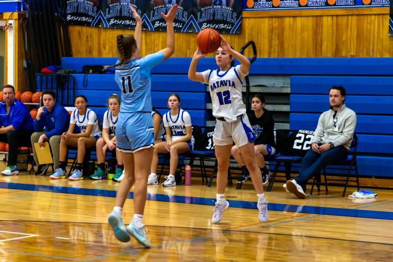 Violet Lopez shooting from three point range.  Photo by Steve Ognibene