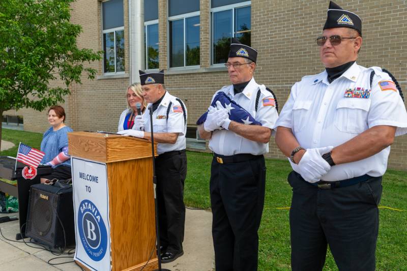 Staff at Jackson Primary along with veterans talking to students about Flag day.  Photo by Steve Ognibene