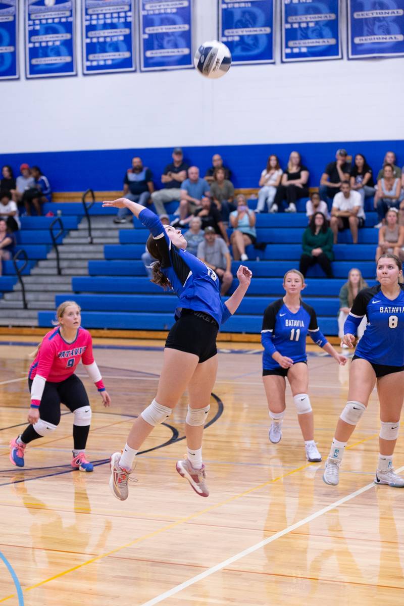 Senior Ava Anderson going for a kill versus Eastridge.  Photo by Steve Ognibene