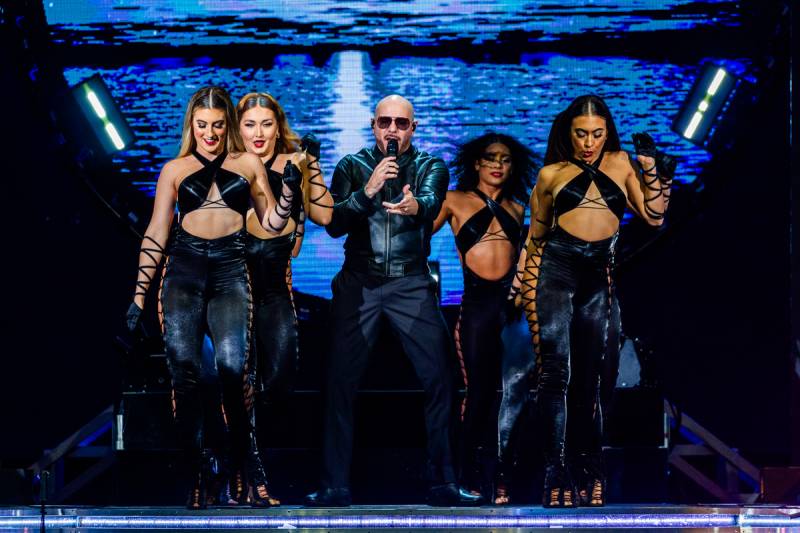  Pitbull with his dancers on friday evening at Darien Lake.  Photo by Steve Ognibene