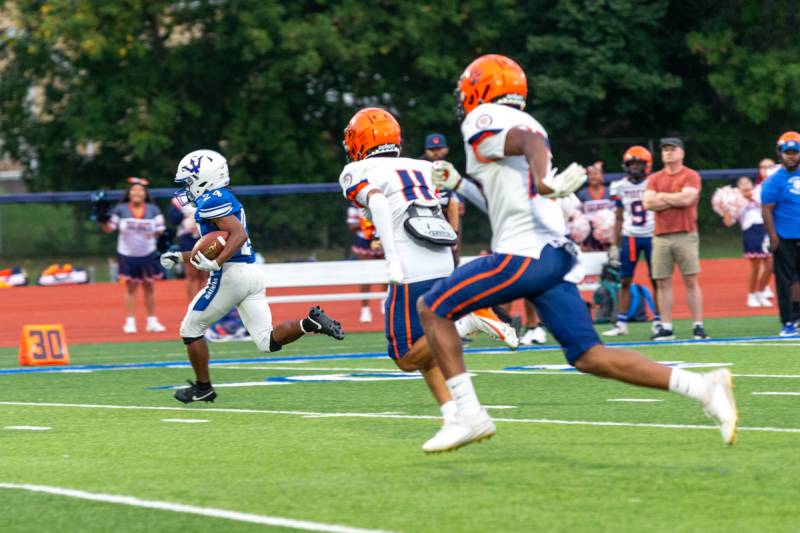 Zailen Griffin runs an opening drive to the endzone and the Blue Devils kept the momentum going through each quarter on Friday evening at VanDetta stadium.  Photo by Steve Ognibene