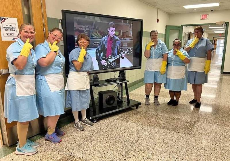 It was Lunch Lady Land for Halloween at Oakfield-Alabama Middle High School with cafeteria workers dressed as old school lunch ladies, serving Sloppy Joes, while a video of Adam Sandler playing his song "Lunch Lady Land" on repeat on a TV screen.  Submitted photo.