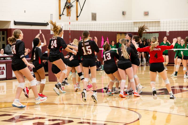  Fourth set final celebration LeRoy Knights claim victory.  Photo by Steve Ognibene