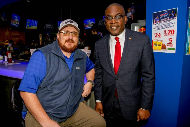 U.S. Army Veteran Blake Leddick being served lunch by New CEO Byron Brown on Veterans Day at Batavia Downs 34 Rush.  Photo by Steve Ognibene