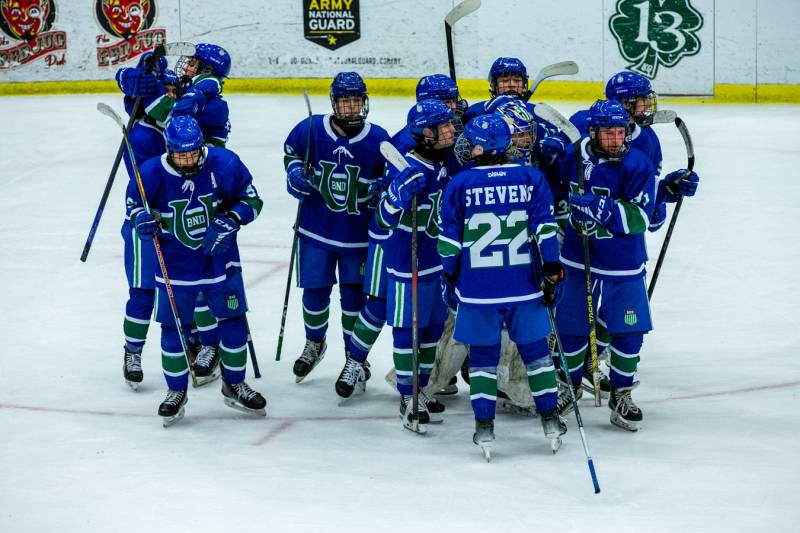 Surrounded by his teammates BND Goalie Rhys Tanner recorded a shutout and 1000 career saves in his senior year.