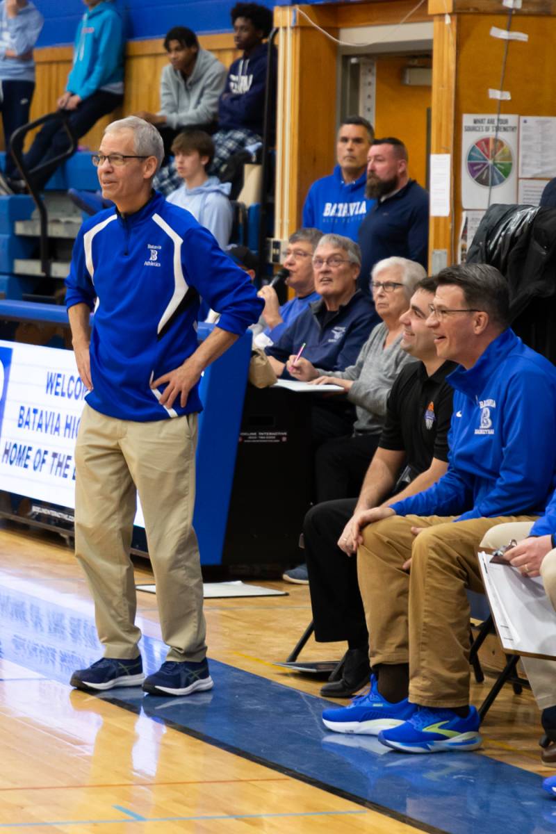 Coach Brasky looking on with under two seconds left in game to secure his 500th win as Section V basketball coach.  Photo by Steve Ognibene