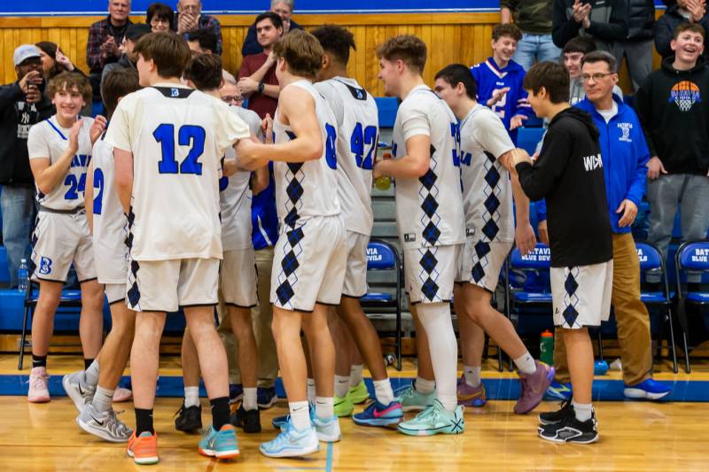 Batavia's squad post game celebrating with thier coach on his 500th career win.   Photo by Steve Ognibene