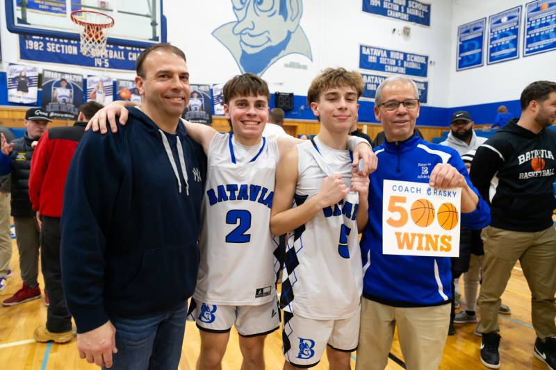 Left to Right two generations of Mazur Family, dad Brad who was on Coach Brasky's first team and win in 1990 and Brady and Casey who currently play on his team, 35 years later.  Photo by Steve Ognibene