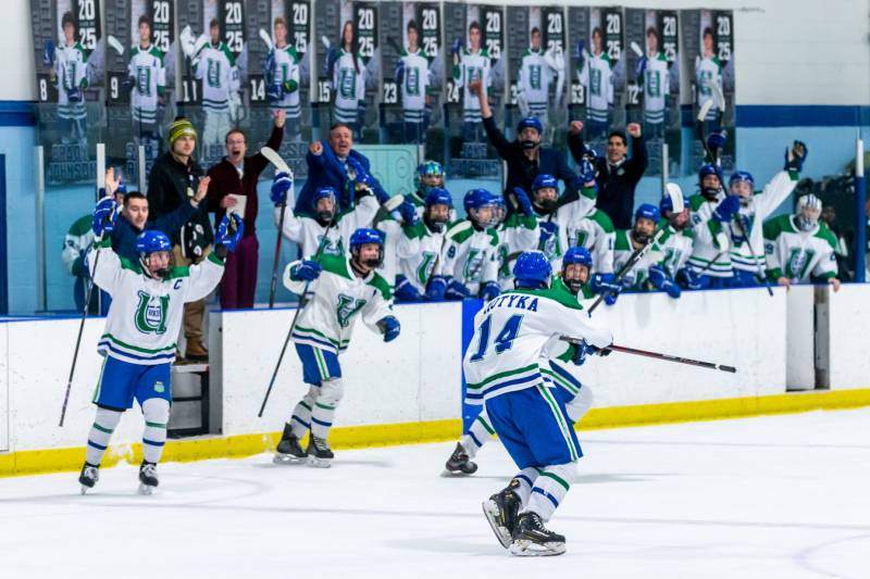 BND United bench excited from the third goal scored in the first period by Chase Cummings.  Photo by Steve Ognibene