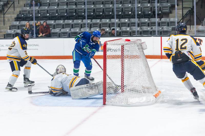 On the doorstep Jameson Motyka gets stopped by Victor's goalie.  Photo by Steve Ognibene